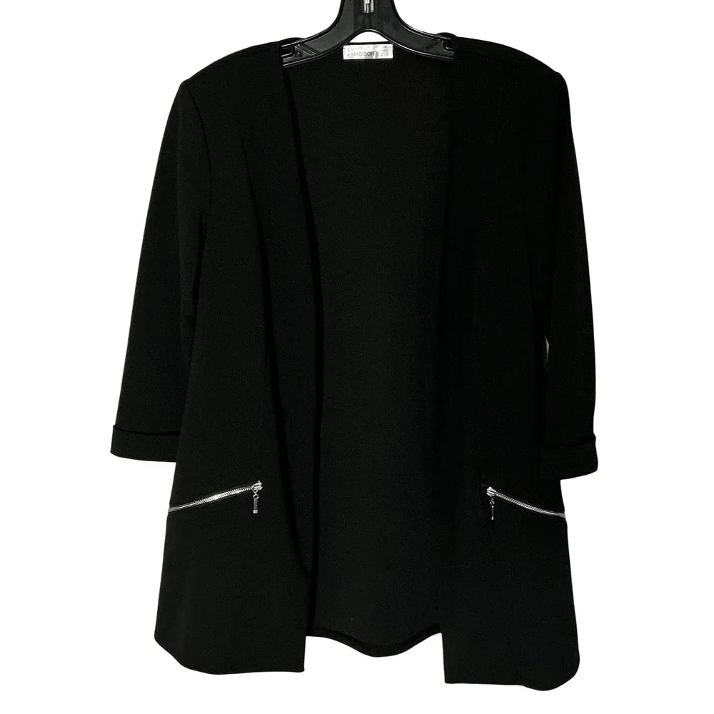 89th‎ + Madison Womens Black Open Front Blazer 3/4 Sleeve Zipper Pockets Size S